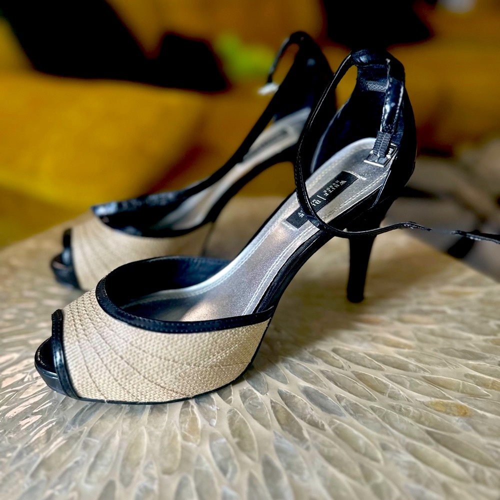 WHBM Black and Cream Rattan & Patent Leather Peep Toe Sandal Heels